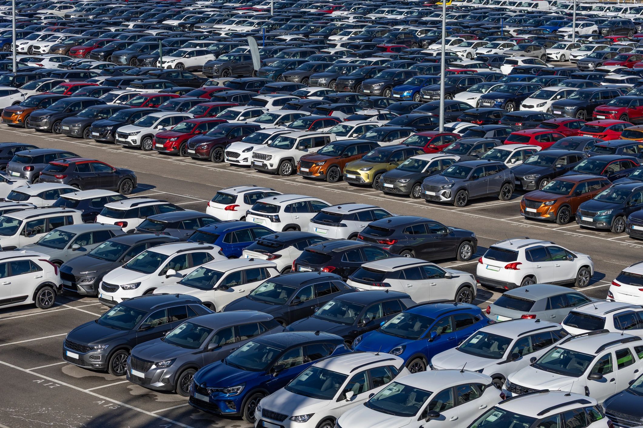 Rows of new cars at a dealership lot